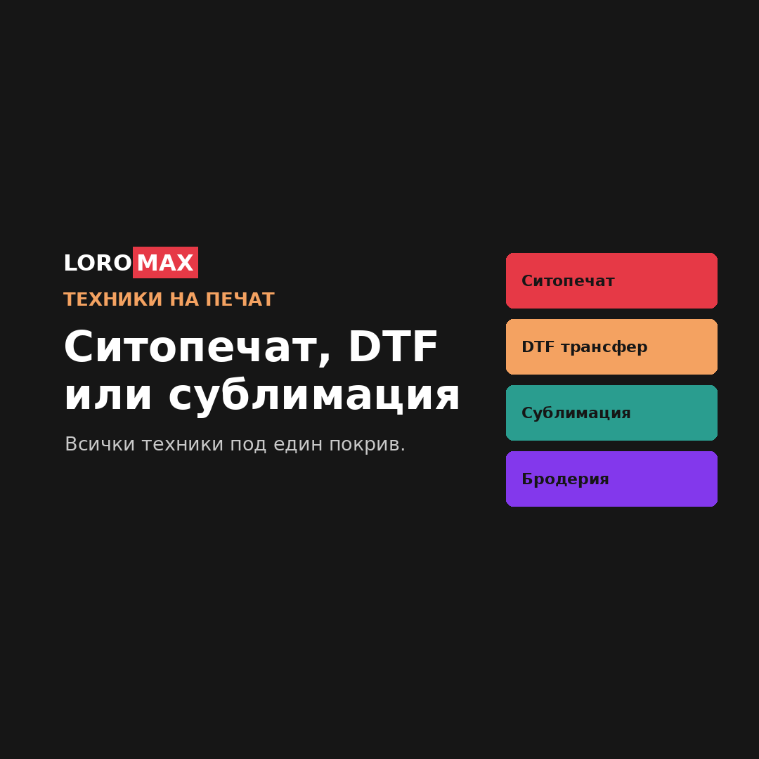 Техники на печат в Loromax — ситопечат, DTF трансфер, сублимация и бродерия