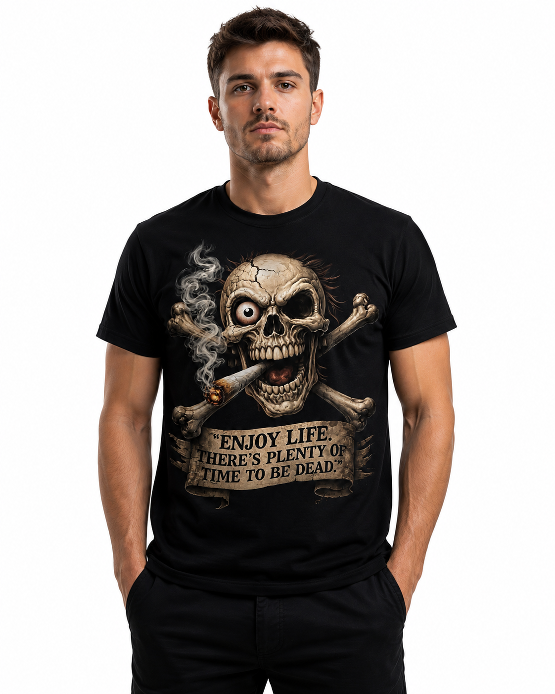 Мъж с черна тениска ENJOY отпред — streetwear визия