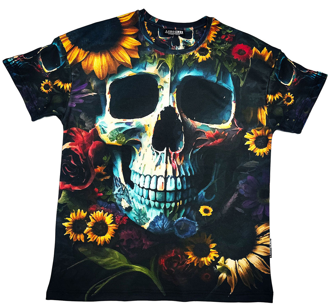 Oversize Мъжка тениска SKULL SUNFLOWER ALL OVER PRINT